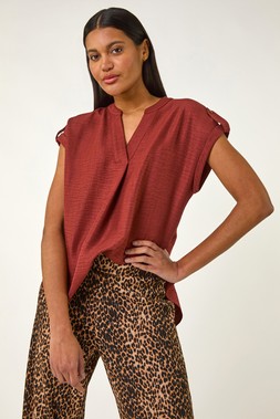 Roman Chocolate Pleated Notch Neck Top