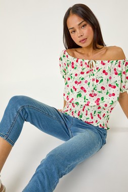 Roman Petite Red Cherry Print Bardot Blouson Top