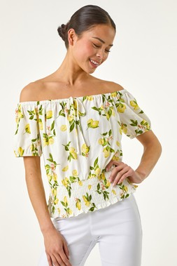 Roman Petite Ivory Lemon Print Bardot Blouson Top