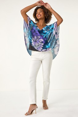 Roman Purple Floral Cold Shoulder Overlay Top