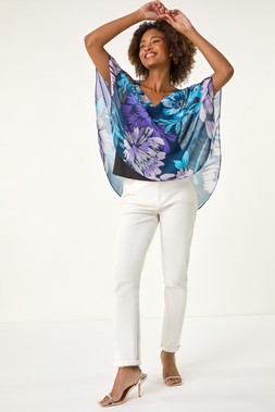 Roman Purple Floral Cold Shoulder Overlay Top