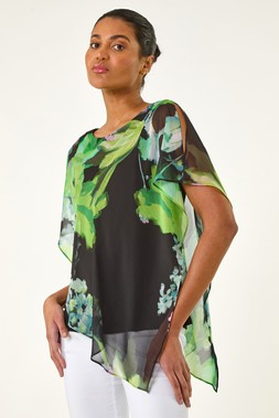 Roman Green Floral Print Asymmetric Overlay Top