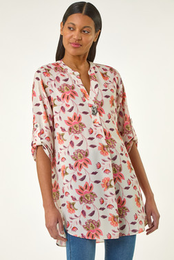 Roman Coral Floral Print Button VNeck Top