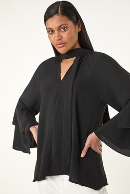 Roman Black Frilled Sleeve Tie Front Top