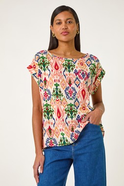 Roman Abstract Print Cuff Sleeve Top