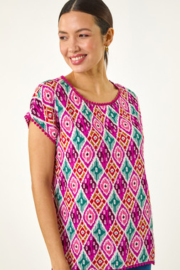 Roman Ikat Print Bobble Trim Tee