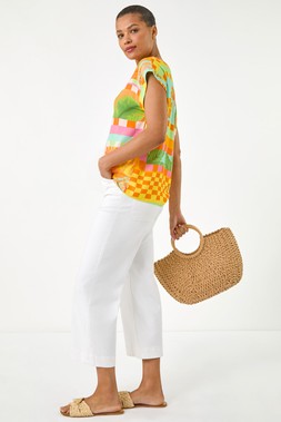 Roman Orange Abstract Print Shell Top