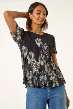 Roman Black Floral Print Pleated Short Sleeve Top