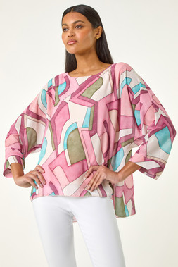 Roman Pink Abstract Print Overlay Tunic Top