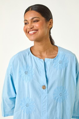 Roman Light Blue Cotton Floral Embroidered Tunic Top