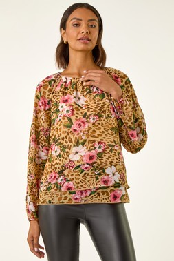 Roman Brown Animal Floral Print Tunic Top