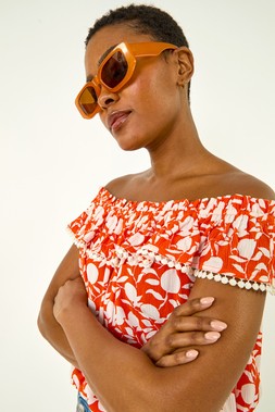 Roman Printed Bardot Trim Detail Top