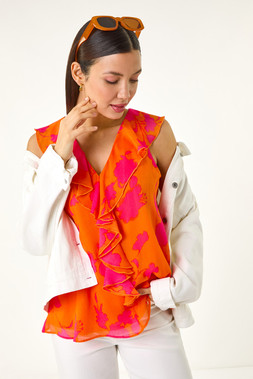 Roman Tropical Print Ruffle Vest Top