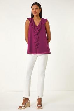Roman Magenta Chiffon Ruffle Vest Top