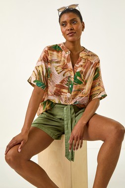 Roman Mocha Abstract Print V-Neck Button Top