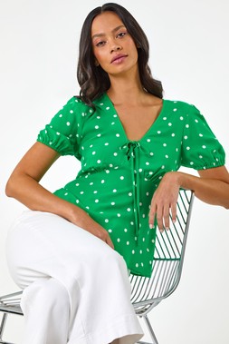 Roman Dusk Green Spot Print Tie Front Top