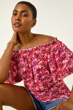 Roman Pink Abstract Print Bardot Top