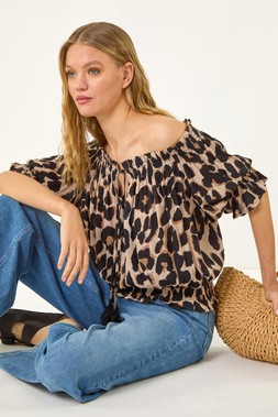 Roman Natural Animal Print Key Hole Blouse