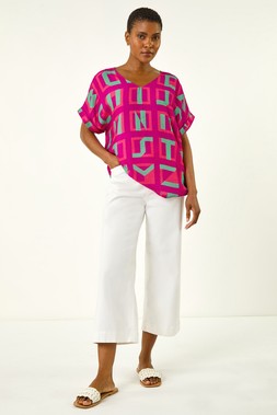 Roman Geometric Print V-Neck Top