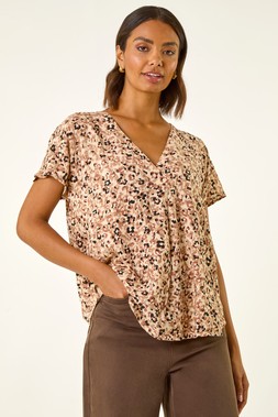 Roman Natural Animal Print V-Neck Pleat Front Top