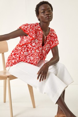 Roman Floral Print Frill Sleeve Tie Top