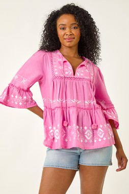 Roman Petite Pink Contrast Print Pom Pom Top
