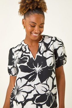 Roman Black Floral Mono Print V-Neck Top