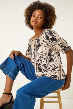 Roman Black Mono Print Bardot Top