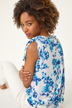 Roman Blue Floral Print Bow Detail Stretch Top