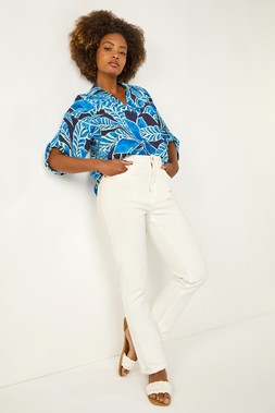 Roman Blue Leaf Print Pleated Collared Top