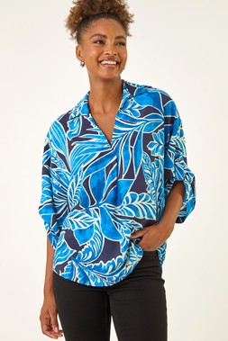 Roman Blue Leaf Print Pleated Collared Top