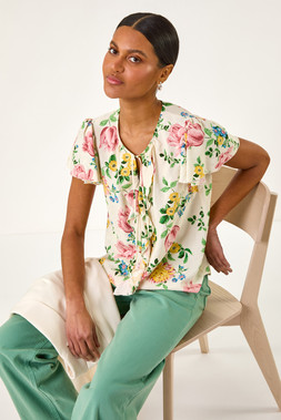 Roman Floral Tie Front Frill Top