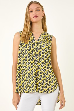 Roman Yellow Geo Print Pleat Front Vest Top
