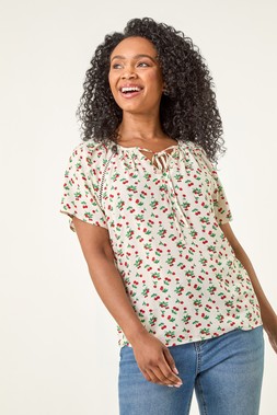 Roman Petite Cherry Print Lace Trim Top