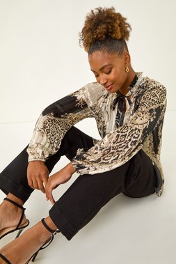 Roman Black Animal Print Tie Neck Pleated Top
