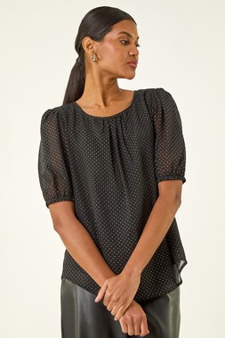 Roman Black Glitter Spot Print Puff Sleeve Top