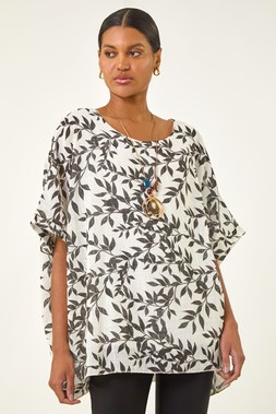 Roman Leaf Print Necklace Detail Tunic Top