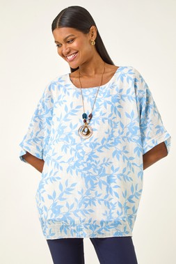 Roman Leaf Print Necklace Detail Tunic Top