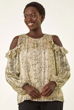 Roman Stone Snake Print Frill Cold Shoulder Top