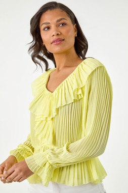Roman Lemon Frill Pleated Peplum Blouse