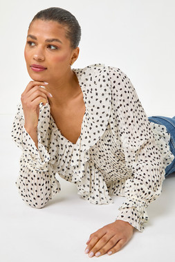 Roman Ivory Spot Frill Pleated Peplum Blouse