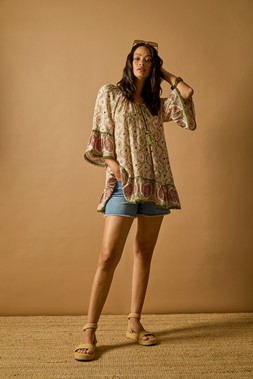 Roman Dusk Khaki Mix Print Bardot Tunic Top