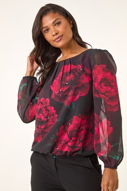 Roman Red Floral Print Sequin Top
