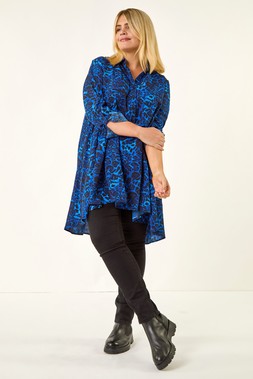 Roman Curve Royal Blue Animal Print Longline Tunic Shirt
