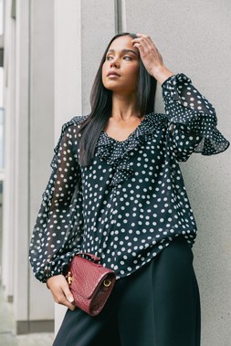 Roman Petite Black Spot Print Frill Top