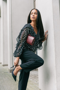 Roman Petite Black Spot Print Frill Top