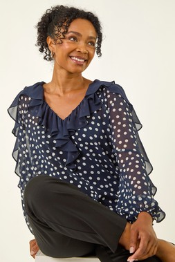 Roman Petite Navy Spot Print Frill Top