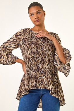 Roman Brown Animal Print Pleated Top