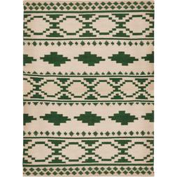 Cream and Green Patterned Woollen Rug