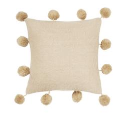 Beige Woolen Cushion With Pom Poms